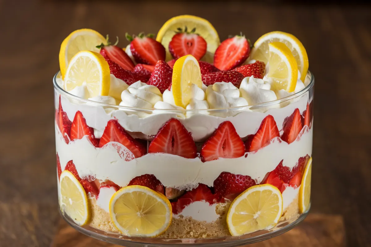 A lemon strawberry trifle is the perfect blend of simplicity, elegance, and flavor. This no-bake dessert is not only easy to prepare but also visually stunning, making it ideal for any occasion, from casual family dinners to sophisticated gatherings. With its vibrant layers of angel food cake, lemon pudding, fresh strawberries, and a light whipped topping, this trifle is sure to impress both in taste and presentation. In this comprehensive guide, we’ll delve into every detail needed to craft the perfect lemon strawberry trifle, from selecting the best ingredients to creative garnishing techniques. Whether you're looking to create a dessert that stands out at your next gathering or simply want to treat yourself, this trifle is an excellent choice. Additionally, we'll explore internal linking opportunities to ensure your content is SEO-friendly and well-connected across your site. The Essential Components of a Lemon Strawberry Trifle To create the perfect lemon strawberry trifle, it’s crucial to use high-quality ingredients and understand how each component contributes to the overall dessert. Each layer serves a specific purpose, both in flavor and texture, and when combined, they create a harmonious and visually appealing dessert. 1. Angel Food Cake: The Delicate Foundation Angel food cake provides the perfect light, airy base that complements the tangy lemon pudding and sweet strawberries. The cake’s spongy texture soaks up the flavors from the other layers without becoming overly dense or soggy. Why Angel Food Cake? Angel food cake is known for its low fat content and fluffy texture, making it a perfect choice for trifles. Unlike heavier cakes, it doesn’t overpower the delicate flavors of the lemon and strawberries. If you’re interested in exploring other fruity dessert ideas, consider checking out this delightful strawberry shortcake ice cream recipe for more inspiration. Alternatives to Angel Food Cake: If angel food cake isn’t your preference, other light cakes such as sponge cake or pound cake can be used. Each brings its own unique texture and flavor profile to the trifle. Sponge cake offers a slightly richer texture, while pound cake adds a buttery flavor that pairs well with the tart lemon and sweet strawberries. Homemade vs. Store-Bought: While homemade angel food cake allows for customization (e.g., adding lemon zest or vanilla extract), store-bought options can save time without compromising on taste. If you opt for store-bought, ensure it’s fresh to maintain the desired texture. 2. Lemon Pudding: The Tangy Contrast The tangy lemon pudding is what gives this trifle its distinctive citrusy note. This layer is crucial for balancing the sweetness of the strawberries and cake, adding a refreshing zing to each bite. Homemade Lemon Pudding: Making lemon pudding from scratch allows you to control the tartness and sweetness. Start with fresh lemon juice and zest for the brightest flavor. Homemade pudding is generally creamier and has a more pronounced lemon flavor than store-bought versions. Store-Bought Convenience: For those short on time, store-bought lemon pudding is a great alternative. To elevate the flavor, consider adding a touch of lemon zest or a few drops of lemon extract. For those who love lemon in various forms, you might also enjoy these citrusy and sweet lemon blueberry pancakes for breakfast. Substitutes and Variations: If lemon pudding isn’t available, vanilla pudding can be used as a base. Adding lemon zest or lemon extract to vanilla pudding can mimic the tangy flavor. For a unique twist, try mixing the lemon pudding with a bit of lime or orange zest for a citrus medley. 3. Fresh Strawberries: The Sweet Juiciness Choosing the best strawberries is key to achieving the right flavor. Look for berries that are bright red and fragrant, as these will provide the sweetest and most flavorful bites. Strawberries add not only sweetness but also a beautiful pop of color to the trifle. Selecting the Best Strawberries: When selecting strawberries, avoid those with white tops or green patches, as these are under-ripe. Overripe strawberries, on the other hand, can be mushy and lack flavor. Strawberries are incredibly versatile in desserts, as seen in both trifles and other creamy fruit dishes like this creamy and fruity cheesecake fruit salad. Preparation Tips: Wash the strawberries thoroughly and hull them to remove the green tops. Slicing them evenly ensures consistent layering and a balanced flavor throughout the trifle. For an eye-catching presentation, reserve a few whole strawberries to garnish the top. Alternative Fruits: While strawberries are the traditional choice, other berries such as raspberries, blueberries, or even mixed berries can be used for a different flavor profile. These fruits add variety and complexity to the dessert, making it even more visually appealing. 4. Whipped Topping and Lemon Curd: The Creamy Layer Mixing whipped topping with lemon curd adds depth to the trifle, making each bite more complex and satisfying. The whipped topping provides a light, creamy layer that balances the tartness of the lemon and the sweetness of the strawberries and cake. Homemade vs. Store-Bought: Store-bought whipped topping is convenient, but homemade whipped cream is richer and fresher. To make your own, simply whip heavy cream with a bit of sugar and vanilla extract until soft peaks form. For the lemon curd, homemade is also recommended, as it offers a more vibrant flavor than most store-bought versions. Flavor Variations: For a twist, consider adding a flavored extract to the whipped topping. Vanilla, almond, or coconut extracts can add a subtle hint of flavor that complements the lemon and strawberries. If you’re feeling adventurous, try incorporating a liqueur like Limoncello into the whipped topping for a boozy kick. Layering for Texture: Consider layering the whipped topping with the lemon curd in different sections of the trifle. This approach creates pockets of tartness throughout the dessert, enhancing the overall taste experience. Garnishing Your Lemon Strawberry Trifle The garnish is where your creativity can shine, transforming a simple trifle into a visual masterpiece. Not only does garnishing enhance the appearance, but it also adds additional layers of flavor and texture. Classic Garnishes Fresh Strawberries and Lemon Slices: These are the simplest yet most effective garnishes, giving a hint of what’s inside. Whole strawberries with their green tops still attached add a rustic and natural touch, while thin slices of lemon bring a bright, sunny color. Mint Leaves: Fresh mint leaves are not only visually appealing but also add a refreshing aroma and a pop of green that contrasts beautifully with the reds and yellows of the trifle. Mint’s cool flavor pairs well with the tartness of the lemon, adding another dimension to the dessert. Advanced Garnishing Techniques Edible Flowers: Edible flowers like pansies, violets, or marigolds add a touch of elegance and color. They are safe to eat and can be a great conversation starter at your gathering. When using edible flowers, make sure they are pesticide-free and suitable for consumption. Candied Lemon Peel: Making candied lemon peel is easy and adds a sweet, zesty crunch that pairs perfectly with the flavors of the trifle. Simply boil lemon peels in sugar water until they become translucent, then let them dry before using them as a garnish. This garnish not only enhances the flavor but also adds a delightful texture contrast. Layering for Visual Appeal Using a clear glass trifle dish allows you to showcase the beautiful layers. The visual contrast between the white whipped topping, yellow pudding, red strawberries, and golden cake creates a stunning display that’s sure to impress. For an extra touch, consider using a glass dish with a pedestal base to elevate the trifle and make it the centerpiece of your dessert table. Even Distribution: When layering the trifle, take care to distribute each component evenly. This not only ensures that every spoonful has a balanced mix of flavors but also contributes to a neat and orderly appearance. Avoid pressing down on the layers to keep the dessert light and airy. Final Touch: Finish the trifle with a generous topping of whipped cream and arrange your garnishes thoughtfully. Consider adding a final sprinkle of powdered sugar for a touch of elegance. For a festive look, add a few small edible glitter flakes or gold leaf accents. Step-by-Step Recipe for Lemon Strawberry Trifle Creating a lemon strawberry trifle is straightforward, but attention to detail is key. Follow these steps for a foolproof result that will delight your guests. Preparation of Ingredients Prepare the Lemon Pudding: Whisk the lemon pudding mix with milk until smooth, then chill it briefly. Chilling the pudding helps it set and ensures a firmer texture in the trifle. The cold pudding will also help maintain the integrity of the layers. Slice the Strawberries: Wash, hull, and slice the strawberries. Reserve a few whole strawberries for garnish. Evenly sliced strawberries not only ensure a balanced flavor but also create a visually appealing layer. Cut the Angel Food Cake: Cut the angel food cake into bite-sized pieces. The smaller the pieces, the better they will absorb the flavors from the pudding and strawberries. Make sure the pieces are uniform to create a smooth layer. Prepare the Whipped Topping: Fold the lemon curd into the whipped topping until well combined. If you prefer, you can use half the whipped topping plain and mix the other half with the lemon curd for variety in flavor. This will create a layered effect within the whipped topping itself. Layering the Trifle First Layer: Start with a layer of angel food cake at the bottom of the trifle dish. Make sure the pieces are evenly spread out to form a solid base. Second Layer: Spoon a layer of lemon pudding over the cake, spreading it evenly. The pudding should be thick enough to hold its shape but soft enough to seep slightly into the cake. Third Layer: Add a layer of sliced strawberries. Arrange them neatly around the edges for a beautiful visual effect. The strawberry layer should be dense enough to create a bright red band in the trifle. Fourth Layer: Spread a layer of the whipped topping and lemon curd mixture. Smooth it out with a spatula to create a clean, even layer. Repeat: Continue layering in the same order until you reach the top of the dish. Finish with a final layer of whipped topping. If you have enough space, add a final thin layer of strawberries just beneath the top layer of whipped topping. Final Garnishing Top with fresh strawberries, lemon slices, and any additional garnishes of your choice. Chill the trifle for at least an hour before serving to allow the flavors to meld together. Chilling also helps the trifle set, making it easier to serve. Serving Tip: Use a large spoon to scoop down through all the layers when serving, ensuring each portion has a bit of every component. Serve in clear dessert bowls or glasses to showcase the layers in individual portions. Pro Tips for a Perfect Trifle Chill the Ingredients: Ensure that all components are well-chilled before assembly. This helps the trifle set properly and makes it easier to layer. Chilled ingredients also help the trifle maintain its structure. Use a Steady Hand: When spreading the layers, use a spatula to create even, smooth surfaces. This ensures that each layer remains distinct and doesn’t mix with the others. Take your time to avoid disrupting the layers below. Time to Set: If possible, prepare the trifle a few hours ahead of time. This allows the flavors to blend and enhances the overall taste. For the best results, make the trifle the night before serving and let it chill overnight. Delicious Variations of the Lemon Strawberry Trifle If you’re feeling creative, there are many ways to put a unique spin on the traditional lemon strawberry trifle. Whether you want to change up the flavors, add new ingredients, or try a different presentation, these variations offer something for everyone. 1. Mixed Berry Trifle Adding Other Berries: Incorporating blueberries, raspberries, or blackberries not only adds a burst of color but also a mix of sweet and tart flavors that complement the lemon and strawberry. Layering with Different Fruits: You can layer the berries separately or mix them together for a more uniform flavor. Consider using a berry medley for a patriotic-themed dessert during holidays like the Fourth of July. Presentation Ideas: For a twist, try layering the mixed berries in a swirl pattern or grouping them in sections for a mosaic effect. This adds an artistic element to the trifle’s appearance. 2. Citrus Delight Trifle Adding More Citrus: For a more intense citrus flavor, consider adding layers of orange or lime curd in addition to the lemon. The combination of different citrus fruits creates a vibrant and refreshing dessert. Citrus Zest Garnish: Sprinkle lemon, lime, or orange zest on top for an extra zing that enhances the citrus flavors. A mix of zests also adds a colorful finish to the trifle. Flavor Combinations: Pair the citrus layers with other fruits like kiwi or pineapple for a tropical twist. This variation is perfect for summer parties and outdoor gatherings. 3. Tropical Trifle Incorporating Tropical Fruits: Pineapple, mango, and kiwi can be added to the trifle for a tropical twist. These fruits pair beautifully with the lemon and provide a sweet, juicy contrast to the creaminess of the pudding and whipped topping. Coconut Whipped Cream: Replace the regular whipped topping with coconut-flavored whipped cream. You can also add toasted coconut flakes on top for added texture and flavor. Tropical Garnishes: Consider garnishing with slices of starfruit or papaya for an exotic presentation. A sprinkle of toasted macadamia nuts can also add a delightful crunch. 4. Chocolate Lemon Trifle Adding Chocolate Layers: If you’re a chocolate lover, add a layer of chocolate pudding or chocolate mousse between the lemon pudding and strawberries. The richness of the chocolate pairs surprisingly well with the tartness of the lemon and the sweetness of the strawberries. Chocolate Garnishes: Consider garnishing with chocolate shavings, cocoa powder, or even chocolate-covered strawberries for a luxurious touch. Flavor Balance: To ensure the chocolate doesn’t overpower the lemon, use dark chocolate for a more refined and less sweet flavor. Alternatively, try white chocolate for a milder, creamier addition. 5. Boozy Trifle Adding Liqueur: For an adult version, add a splash of liqueur to the whipped topping or drizzle it over the cake layers. Limoncello, Grand Marnier, or Amaretto work well with the flavors of the trifle. Tips for Alcohol Use: Use alcohol sparingly to avoid overpowering the dessert. A little goes a long way, and the goal is to enhance the flavors, not dominate them. Serving Suggestions: Serve the boozy trifle in smaller portions, as the alcohol can make the dessert quite rich. This version is perfect for after-dinner indulgence. FAQs About Lemon Strawberry Trifle Creating a trifle is simple, but you may have some questions about the process. Here are answers to some of the most frequently asked questions: Can I Make the Trifle Ahead of Time? Yes, you can assemble the trifle a day in advance. In fact, making it ahead of time can be beneficial as it allows the flavors to meld together, resulting in a more cohesive dessert. However, it’s important to add the garnishes right before serving to keep them fresh and vibrant. How Do I Prevent the Trifle from Becoming Soggy? To prevent the trifle from becoming soggy, make sure each layer is well-chilled before assembly. Additionally, avoid over-soaking the cake layers with pudding or liquid. If you’re using fresh fruit, ensure it’s well-drained to prevent excess moisture from seeping into the cake. Can I Use Frozen Strawberries Instead of Fresh Ones? While fresh strawberries are ideal for their flavor and texture, frozen strawberries can be used if fresh ones are not available. If using frozen strawberries, be sure to thaw and drain them thoroughly before adding them to the trifle to avoid adding excess moisture. What Can I Substitute for Lemon Curd? If you’re not a fan of lemon curd or simply don’t have any on hand, you can substitute it with vanilla or almond extract mixed into the whipped topping. Another option is to use a fruit-flavored yogurt or custard that complements the other flavors in the trifle. How Long Can I Store a Lemon Strawberry Trifle in the Refrigerator? The trifle can be stored in the refrigerator for up to two days. After that, the texture may begin to deteriorate as the cake absorbs more moisture from the pudding and fruit. To extend its freshness, consider storing the trifle without the garnishes and adding them just before serving. Can I Make a Trifle Without a Trifle Dish? Absolutely! If you don’t have a traditional trifle dish, you can use any large, clear glass bowl. The goal is to showcase the layers, so a clear container is best. In a pinch, you can even make individual trifles in smaller bowls, glasses, or mason jars. What Is the Best Way to Serve a Trifle? A trifle is best served chilled, straight from the refrigerator. Use a large spoon to scoop down through all the layers, ensuring that each serving has a bit of every component. Serve the trifle in clear glass bowls to highlight the beautiful layers. Can I Customize the Trifle for Dietary Needs? Yes, a lemon strawberry trifle can be easily customized for dietary needs. For a gluten-free version, use a gluten-free cake. For a dairy-free option, substitute the milk in the pudding and the whipped topping with non-dairy alternatives like almond milk and coconut cream. Adjust the sweetness to taste, especially if using unsweetened substitutes. Is It Possible to Make a Vegan Version? To make a vegan trifle, use plant-based versions of all the ingredients. There are vegan recipes available for angel food cake, lemon pudding, and whipped topping. Ensure that the lemon curd is also vegan, or omit it entirely. Conclusion A lemon strawberry trifle is more than just a dessert; it’s a centerpiece that combines flavor, texture, and visual appeal. By carefully selecting your ingredients and taking the time to layer and garnish the trifle, you can create a dish that’s sure to impress your guests. Whether you stick to the classic recipe or experiment with variations, this trifle is a delightful addition to any occasion. With the knowledge and tips provided in this guide, you’re now ready to create a stunning lemon strawberry trifle that’s sure to be the highlight of any gathering. So gather your ingredients, set aside some time, and prepare to impress with a dessert that’s as beautiful as it is delicious.