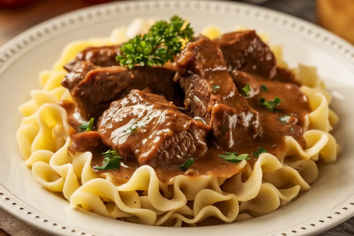 Crockpot beef tips and noodles