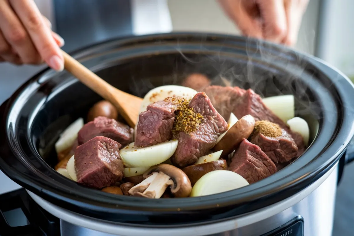 Crockpot beef tips and noodles