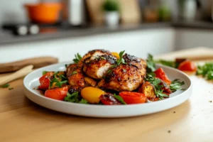 Balsamic chicken served with roasted vegetables and balsamic glaze