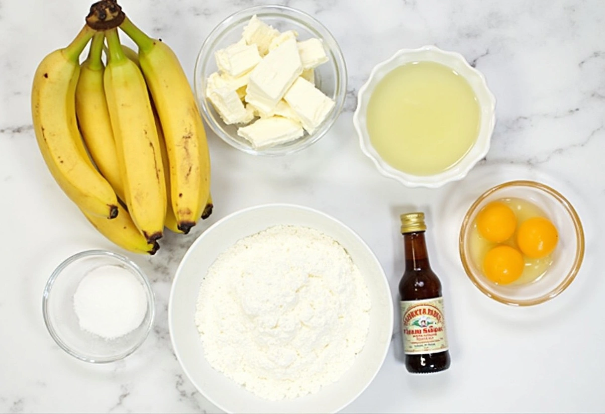 A neat arrangement of ingredients for making cream cheese banana bread: overripe bananas, cream cheese, sugar, eggs, flour, and vanilla extract, displayed in bowls on a kitchen counter.