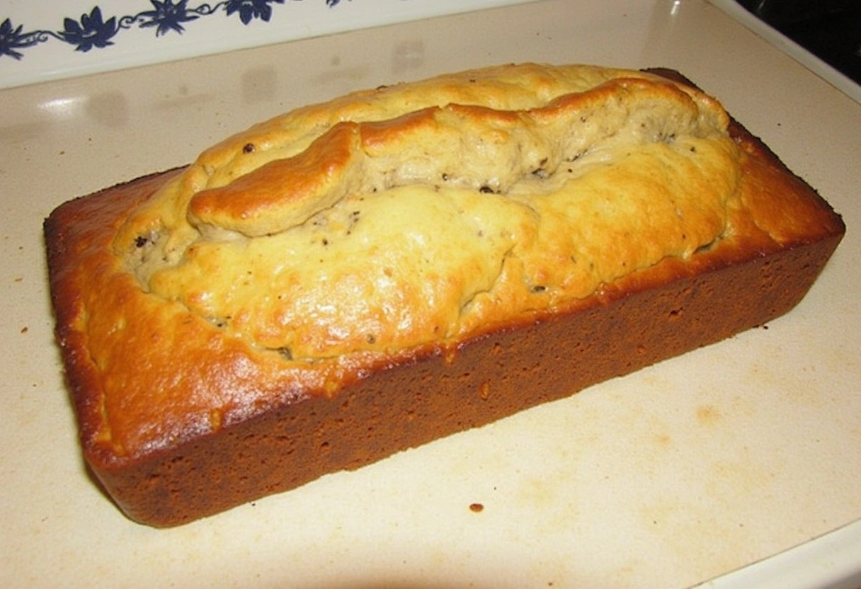 A golden-brown cream cheese banana bread loaf, sliced to reveal a smooth layer of cream cheese in the center. The bread looks moist and fluffy, set in a light kitchen with minimal decorations.