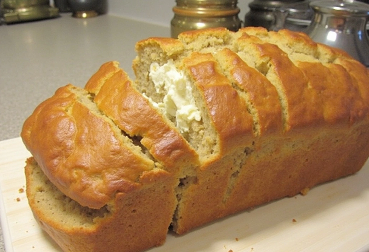 A golden-brown cream cheese banana bread loaf, sliced to reveal a smooth layer of cream cheese in the center. The bread looks moist and fluffy, set in a light kitchen with minimal decorations.