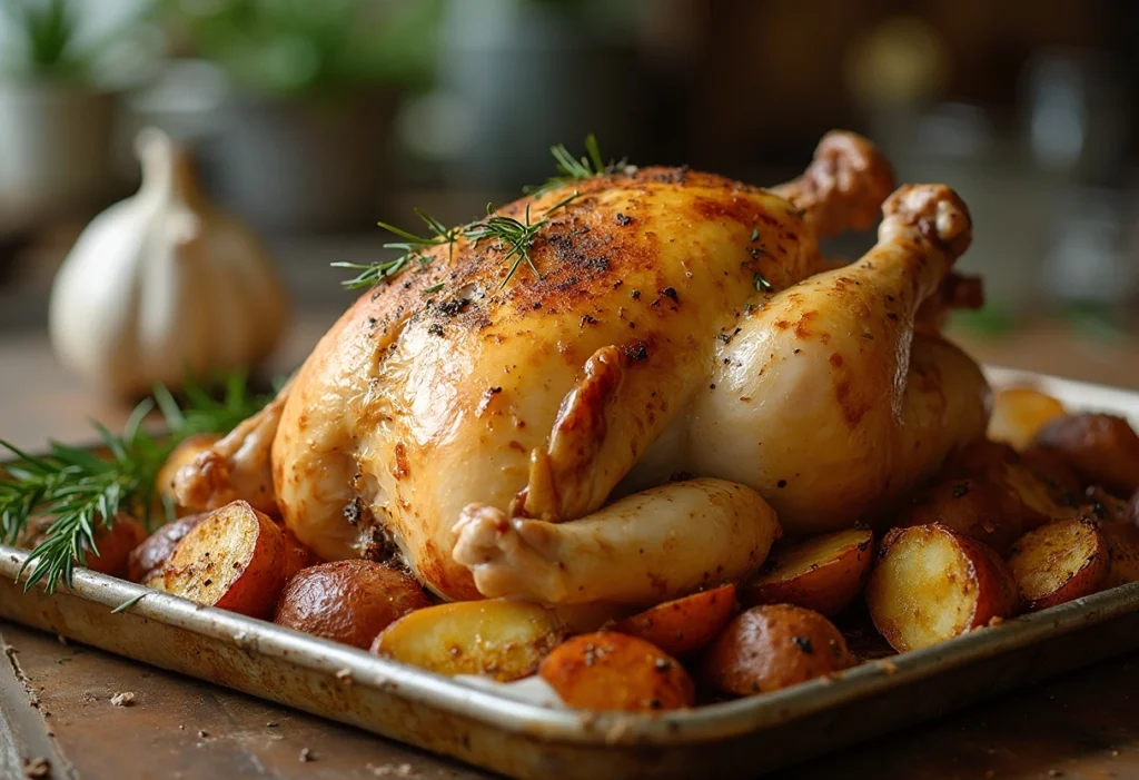 Baked chicken and potatoes on a tray with crispy golden skin and tender potatoes, seasoned with garlic and herbs.