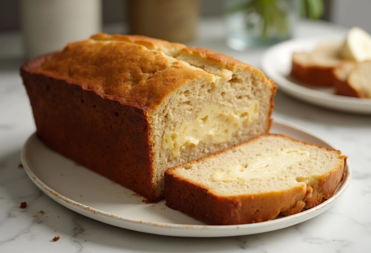 A golden-brown cream cheese banana bread loaf, sliced to reveal a smooth layer of cream cheese in the center. The bread looks moist and fluffy, set in a light kitchen with minimal decorations.