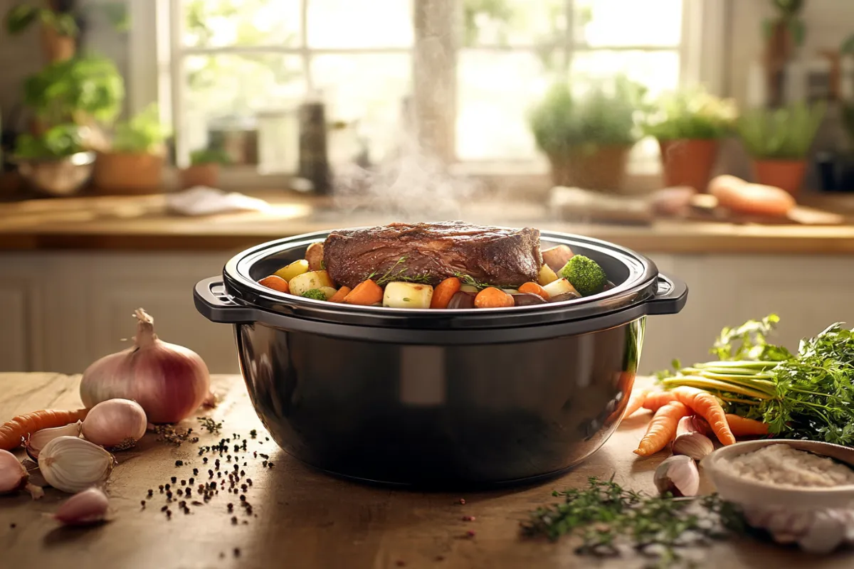 Do veggies go on top or bottom of roast in a crockpot