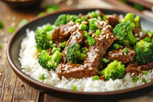 Stir-fried broccoli beef with a rich brown sauce served in a white bowl