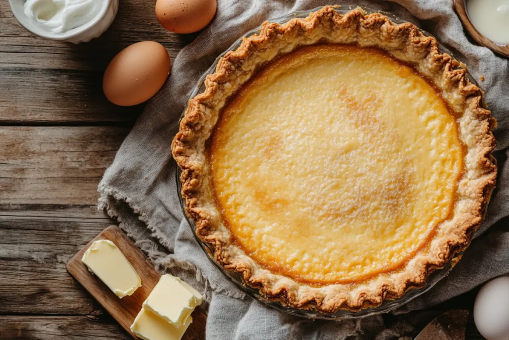 A freshly baked old-fashioned buttermilk pie with a golden-brown crust and creamy filling.