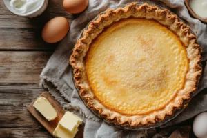 A freshly baked old-fashioned buttermilk pie with a golden-brown crust and creamy filling.