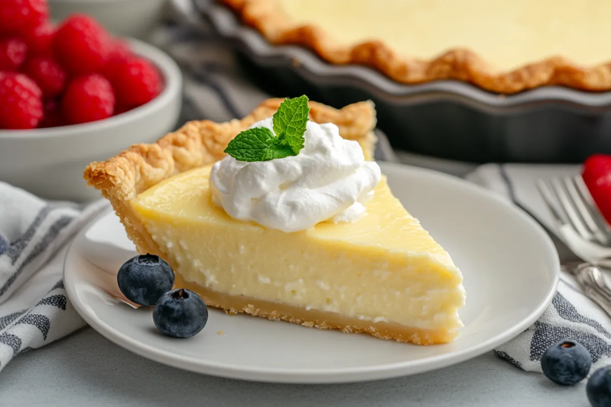 A freshly baked old-fashioned buttermilk pie with a golden-brown crust and creamy filling.