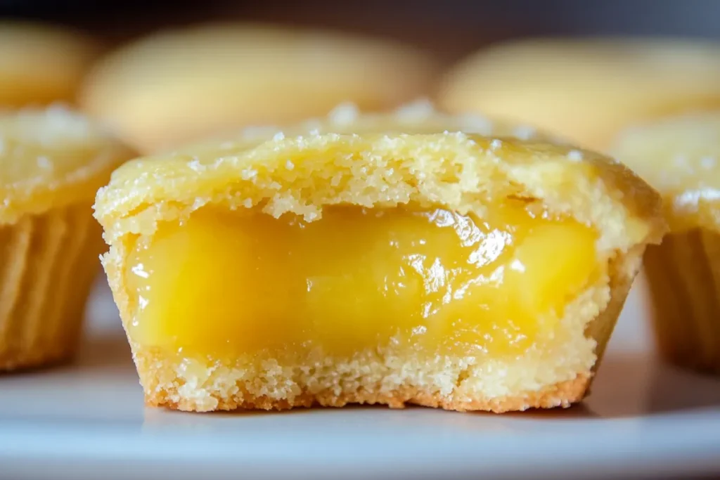 Freshly baked lemon bar cookie cups with a golden cookie crust and tangy lemon filling, topped with powdered sugar.