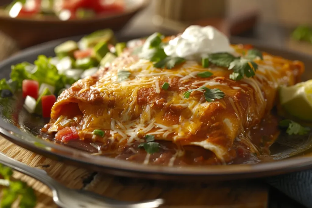 Creamy Swiss Enchiladas with melted cheese and green salsa