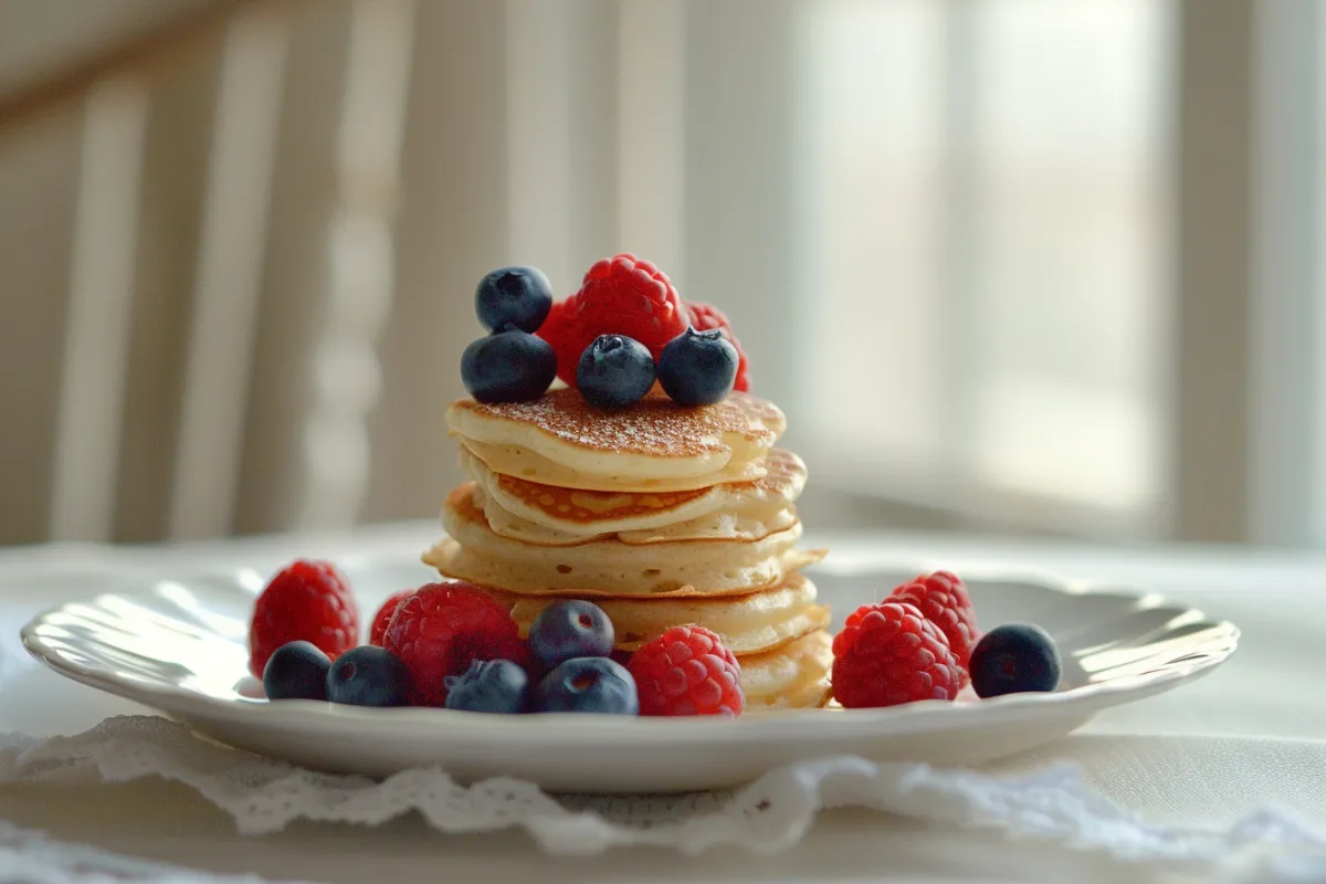 Mini pancakes with fresh fruit and maple syrup