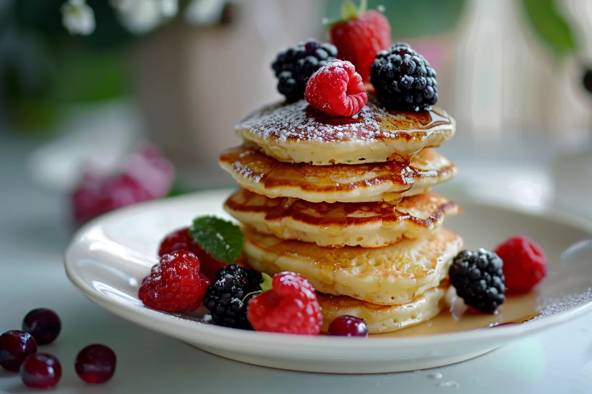 Fluffy mini pancakes served with honey and berries