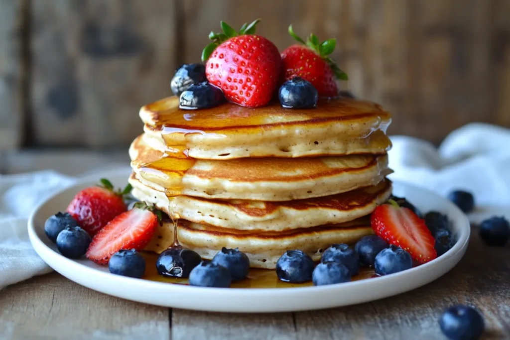 A stack of coconut flour pancakes topped with fresh blueberries and strawberries, drizzled with honey on a white plate.