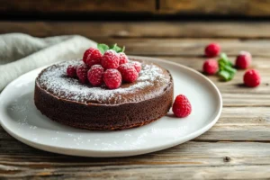 A rich vegan flourless chocolate cake topped with fresh raspberries and powdered sugar, on a white plate.