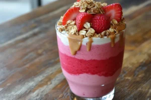 A glass of strawberry oatmeal smoothie topped with fresh strawberries, granola, and a drizzle of almond butter on a rustic wooden table.