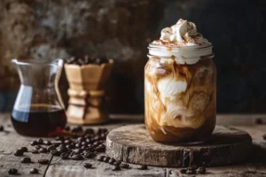 A glass jar filled with cold brew coffee topped with a swirl of cold cream, on a rustic table with scattered coffee beans.